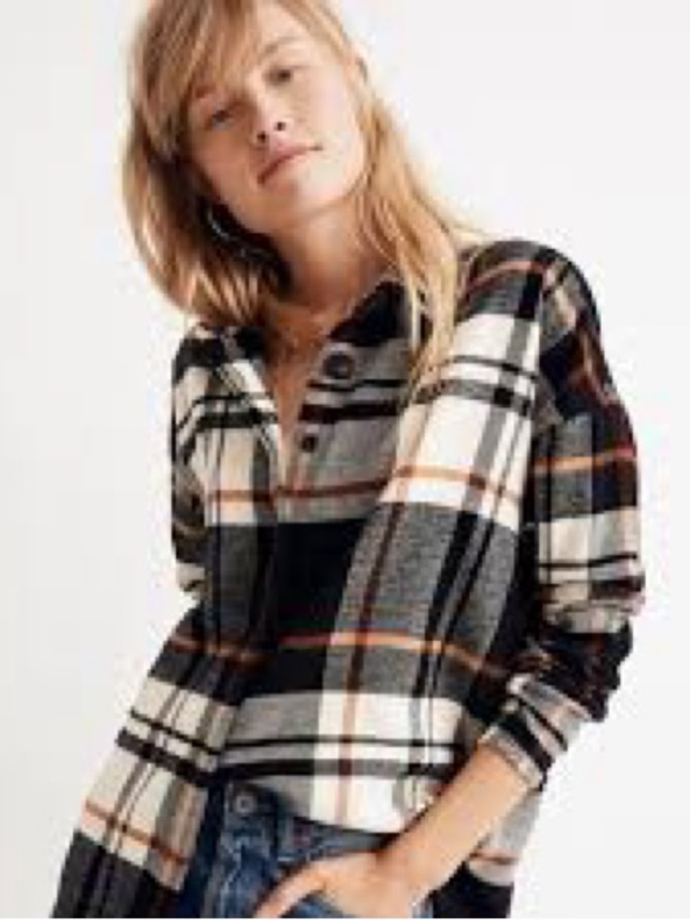 Madewell Plaid Button-Neck Shirt in Black, Cream and Gray with Rust Accents